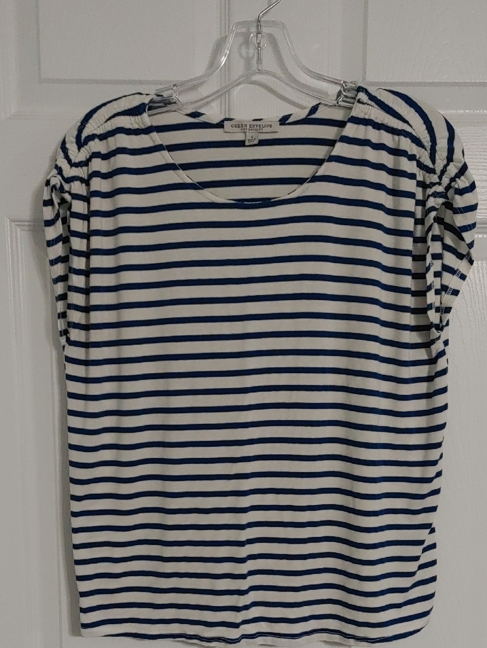 Green Envelope Navy & White Striped Short Sleeve Ruched Top
